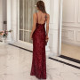 Spaghetti Strap Sequin Backless High Split Maxi Dress