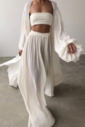 Luxurious Summer Style: Piece Sets Homewear Crop Tops, Cardigan, Wide Leg Pants Suits with Lantern Sleeve Outfits