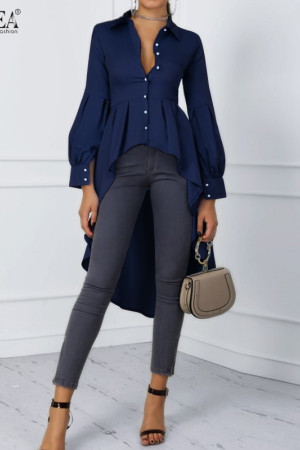 Plus Size Asymmetrical Lantern Sleeve Button Down Tunic Blouse