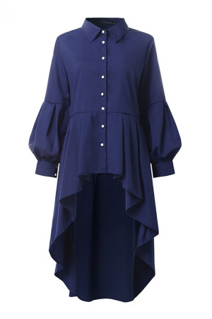 Plus Size Asymmetrical Lantern Sleeve Button Down Tunic Blouse