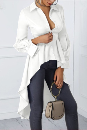 Plus Size Asymmetrical Lantern Sleeve Button Down Tunic Blouse
