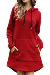 Cozy Comfort: Autumn/Winter Solid Color Drawstring Hooded Dress with Large Pockets and Irregular Hem