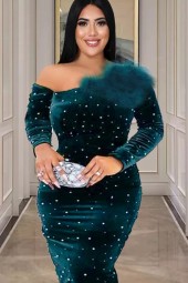 Plus Size Sparkle: One Shoulder Sequin Long Velvet Evening Dress