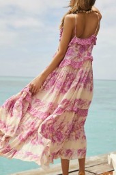 Bohemian Summer Blooms: Vintage Floral Tassel Midi Strap Drawstring Beach Dress