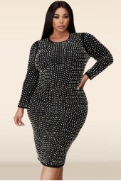 Plus Size Elegance: Midi Beaded Neck Long Sleeve Streetwear Leisure Mid Waist Dress