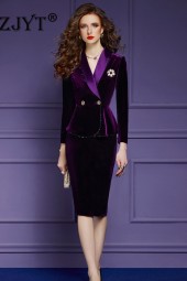 Elegant Luxury Vintage Velvet Dress Set: Autumn Winter Cocktail Beading Jacket Skirt Suit