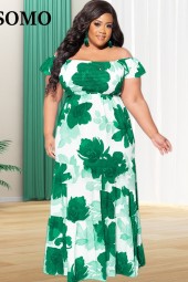 Plus Size Summer Floral Off Shoulder Maxi Dress with Big Hemline