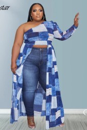 Plus Size Summer Single Sleeve Plaid Long Top with Irregular Hem Style