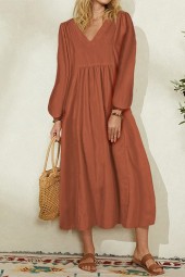 Timeless Elegance: Cotton Linen Solid Casual Long Spring Lantern Sleeve Retro Dress