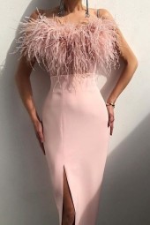 Feathered Fantasy Split Hem Bodycon Dress for Spring/Summer