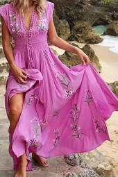 Bohemian French Vacation Midi Dress - Elegant and Versatile