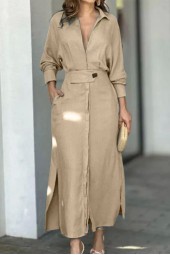 Autumn Slit Solid Casual Neck Lapel Sleeve Long Skirt Pockets Streetwear Dress