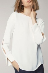 Elegant White Boat Neck Buttoned Cutout Slit Long Sleeve Blouse