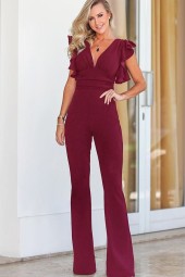 Dark Scarlet Plunge Ruffle Trimmed Ruched Zipper Jumpsuit