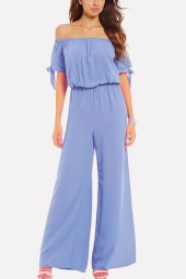 Dreamy Light-Blue Off Shoulder Wide Leg Jumpsuit