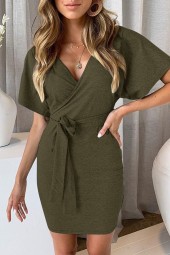 Women's Army Green V-Neck Wrap-Tied Short Sleeve Bodycon Dress