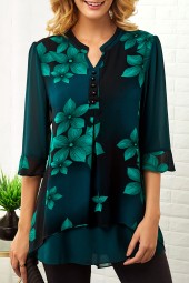 Elegant Floral Splendor: Button Detail Split Neck Large Blouse