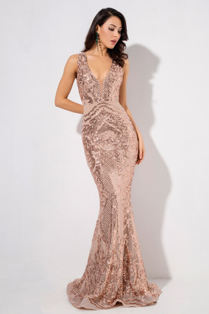 Geometric Sequin Deep V-Neck Sleeveless Maxi Dress