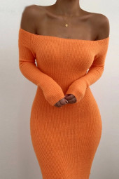 Off Shoulder Ribbed Knit Long Sleeve Maxi Dress