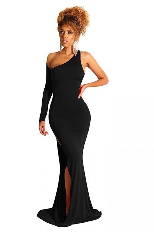 Party Solid One Shoulder Backless Long Sleeve High Split Maxi Dress ...