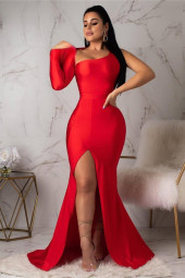 One Shoulder Backless Long Sleeve High Split Maxi Dress