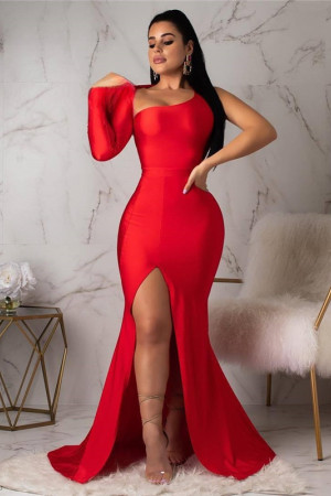 One Shoulder Backless Long Sleeve High Split Maxi Dress