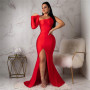 One Shoulder Backless Long Sleeve High Split Maxi Dress