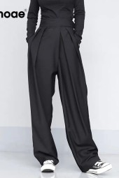 Elegant Black Wide-Leg Pleated Loose Trousers - Ropa De Mujer