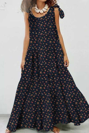 Bohemian Bow Neck Long Sleeve Plus Size Maxi Dress