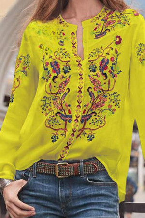 Bohemian Round Neck Long Sleeve Plus Size Tunic Blouse