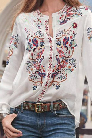 Bohemian Round Neck Long Sleeve Plus Size Tunic Blouse