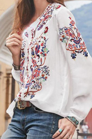 Bohemian Round Neck Long Sleeve Plus Size Tunic Blouse