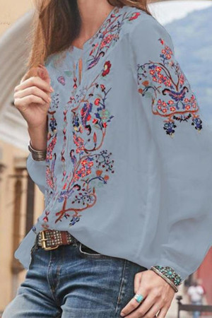 Bohemian Round Neck Long Sleeve Plus Size Tunic Blouse