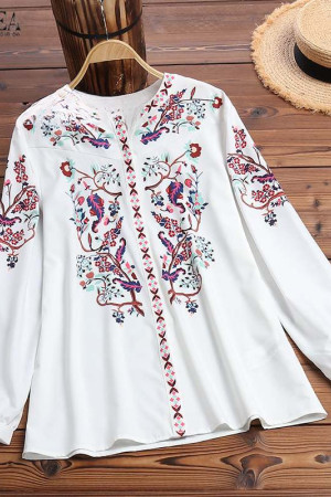 Bohemian Round Neck Long Sleeve Plus Size Tunic Blouse