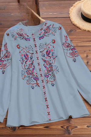 Bohemian Round Neck Long Sleeve Plus Size Tunic Blouse