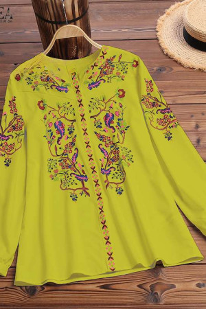 Bohemian Round Neck Long Sleeve Plus Size Tunic Blouse