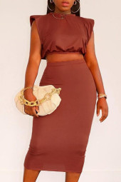Shoulder Pad Crop Top High Waist Long Skirt Two Piece Set
