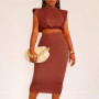 Shoulder Pad Crop Top High Waist Long Skirt Two Piece Set