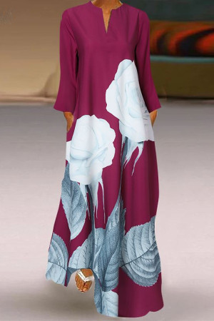 Floral Long Sleeve Loose Pocket Tunic Maxi Dress