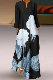 Floral Long Sleeve Loose Pocket Tunic Maxi Dress