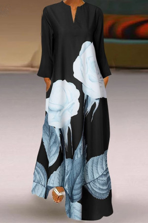 Floral Long Sleeve Loose Pocket Tunic Maxi Dress