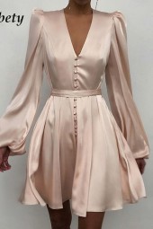 Timeless Elegance: Satin Solid Spring Vintage V-Neck Long Sleeve Line Dress with Casual Button Design