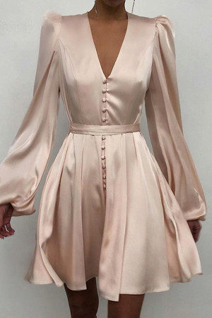 Satin V-Neck Long Sleeve Button A-Line Mini Dress