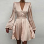 Satin V-Neck Long Sleeve Button A-Line Mini Dress