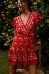 Vintage-Inspired Boho Chic: Hippie Floral Sashes Bohemian Wrap Mini Robe Short Sleeve Rayon Dress