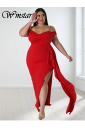 Plus Size Elegant Off Shoulder Slip Hem Solid Maxi Dress for Summer