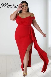 Plus Size Elegant Off Shoulder Slip Hem Solid Maxi Dress for Summer