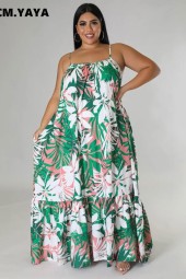 Plus Size Autumn Floral Maxi Dress with Spaghetti Straps and Ruffled Hem
