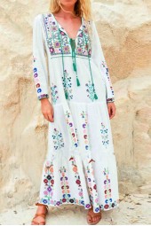 Vintage Boho Cotton Maxi Dress with Floral Embroidery and Tassels
