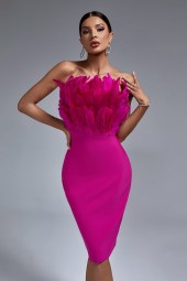 Pink Feather Bodycon Midi Dress: Elegant Club Outfit for Summer